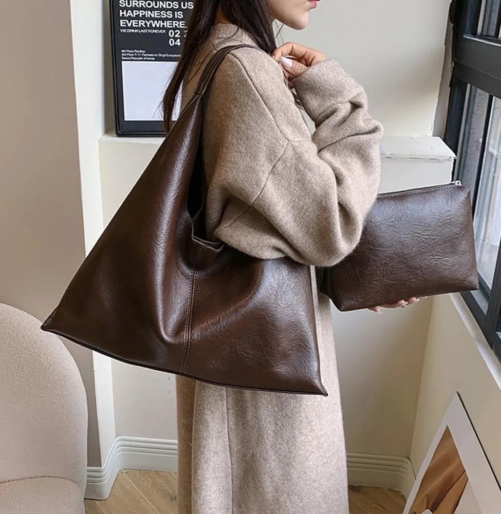Slouchy PU Leather Tote Bag Crescent Crossbody Purse Women Trendy Hobo Bags Shoulder Satchel Bag Top Handle Tote Handbag