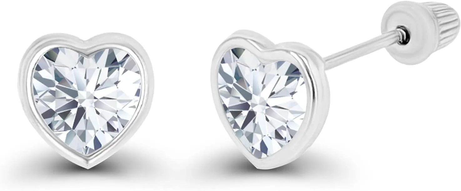 Solid 14K Gold Hypoallergenic 4mm Heart Shaped Birthstone Polished Bezel Screw Back Stud Earrings