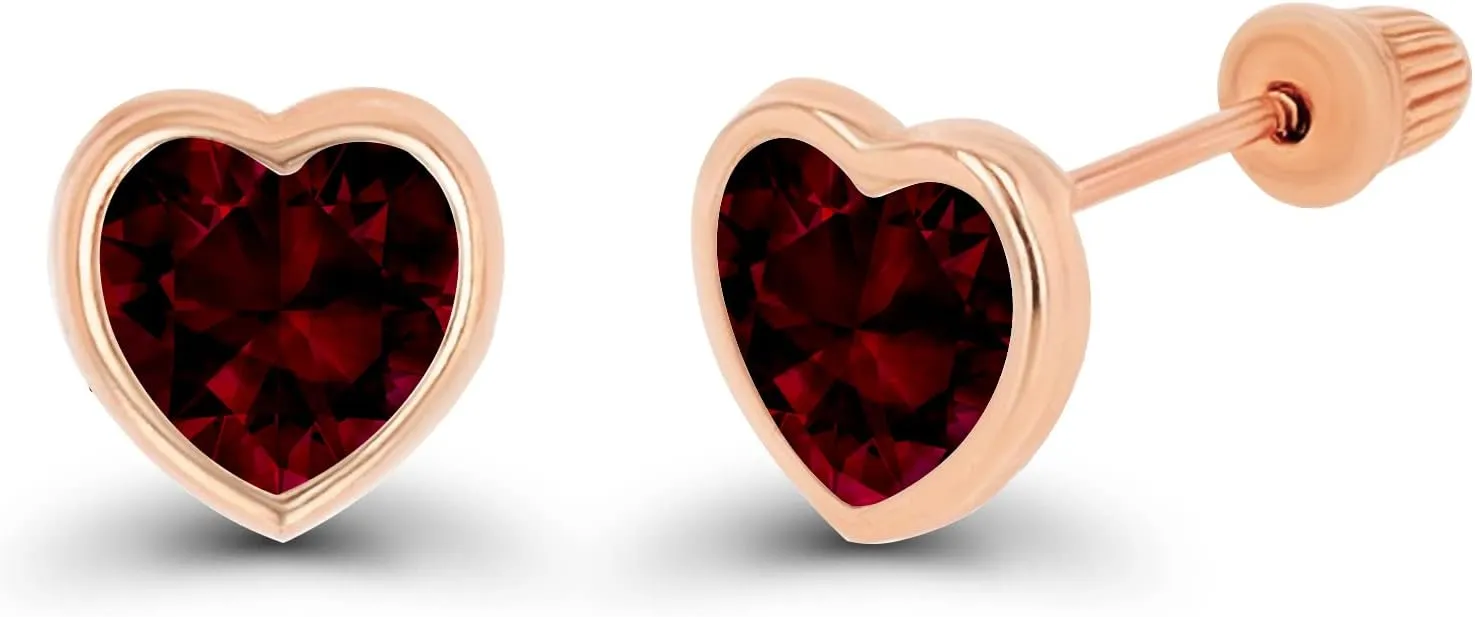 Solid 14K Gold Hypoallergenic 6mm Heart Shaped Birthstone Polished Bezel Screw Back Stud Earrings