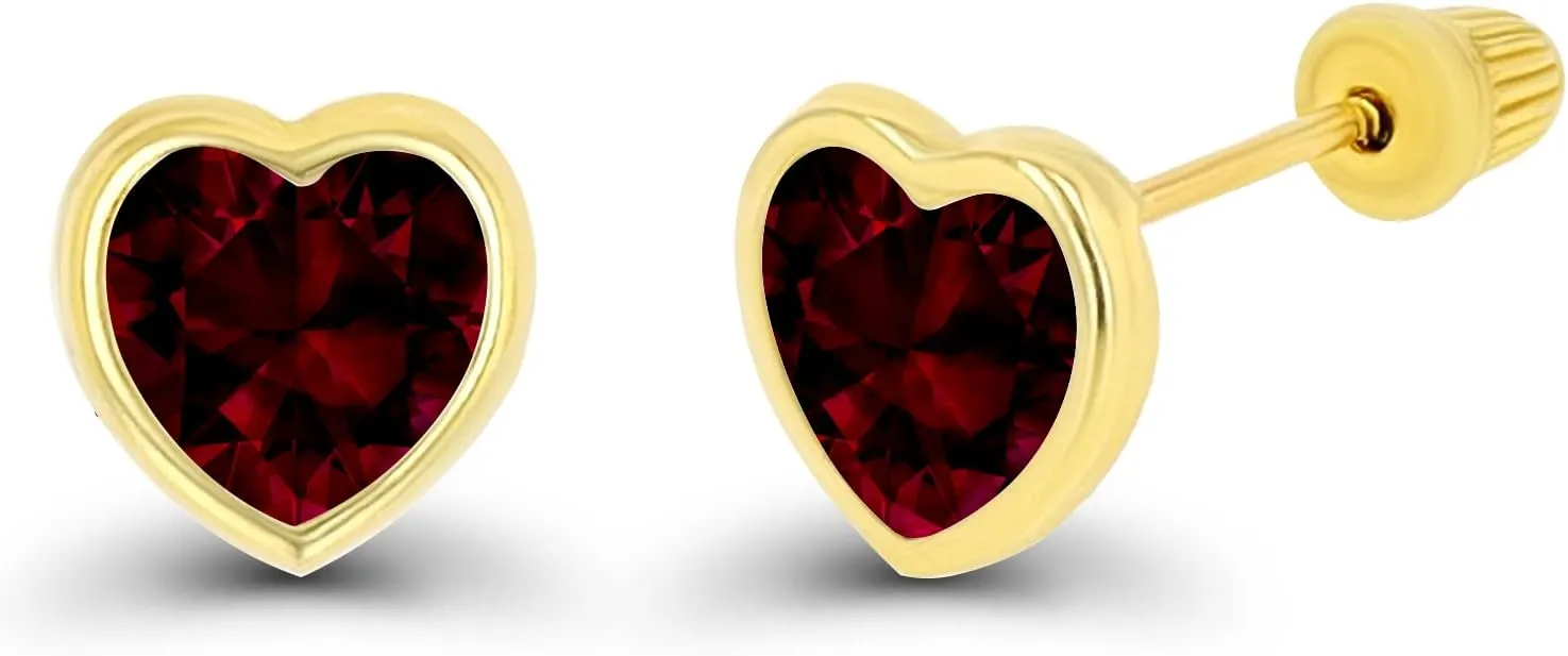 Solid 14K Gold Hypoallergenic 6mm Heart Shaped Birthstone Polished Bezel Screw Back Stud Earrings