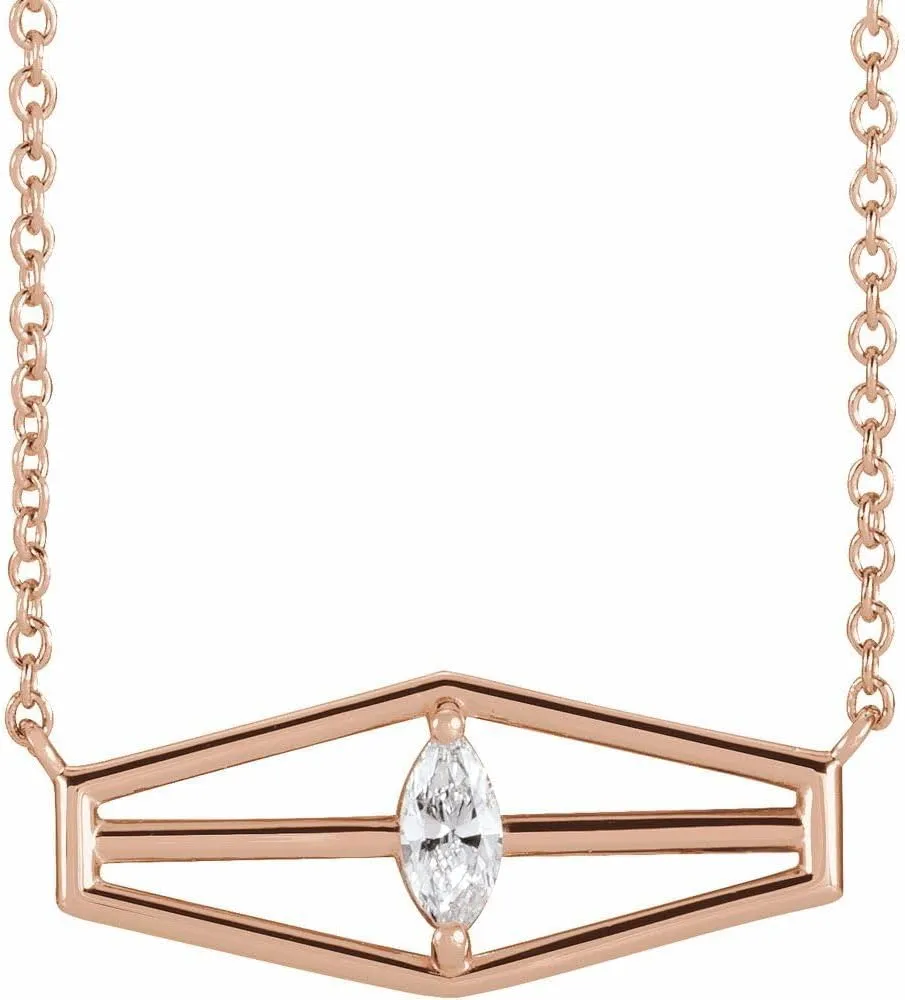 Solid 14k Rose Gold Solitaire 1/6 CT Diamond Geometric Facet Triangle Charm Pendant Chain Necklace 18" (20mm x 7.7mm) (.16 Cttw)