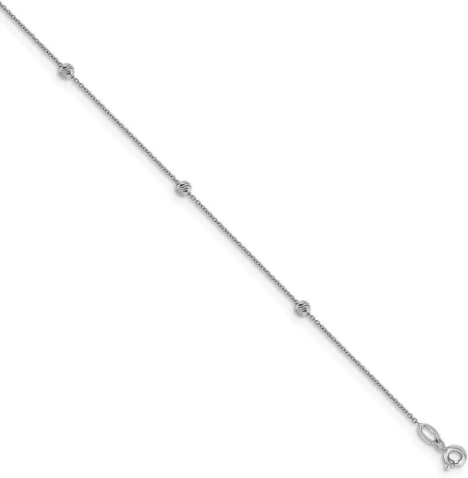 Solid 14K White Gold Diamond-Cut Beaded with 1in Extension Anklet 10" (Width = 1mm)