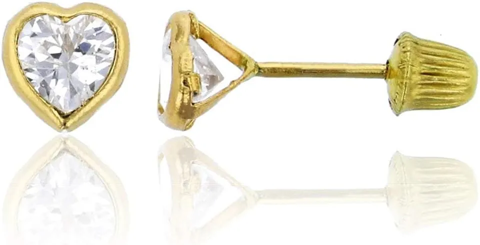 Solid 14K Yellow Gold 4mm Heart Shaped Cubic Zirconia Polished Bezel Screw Back Stud Earrings, 4mm
