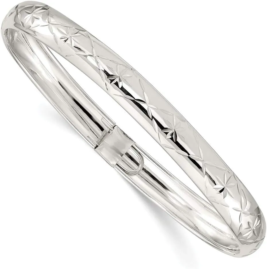 Solid 925 Sterling Silver 7mm Diamond-cut Flexible Bangle Cuff Bracelet 6.5"