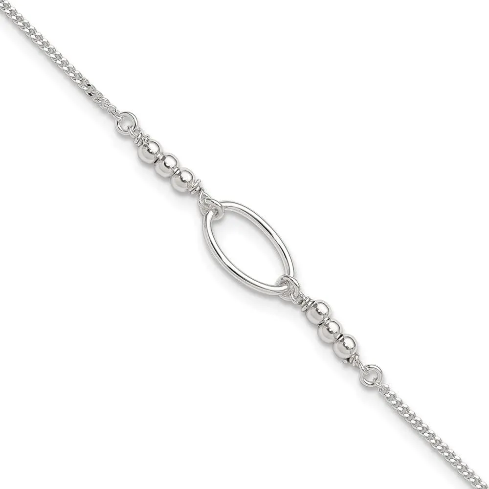 Sonia Jewels Real 925 Sterling Silver Oval and Beaded 1in Extension Anklet 9" (Width = 8mm)