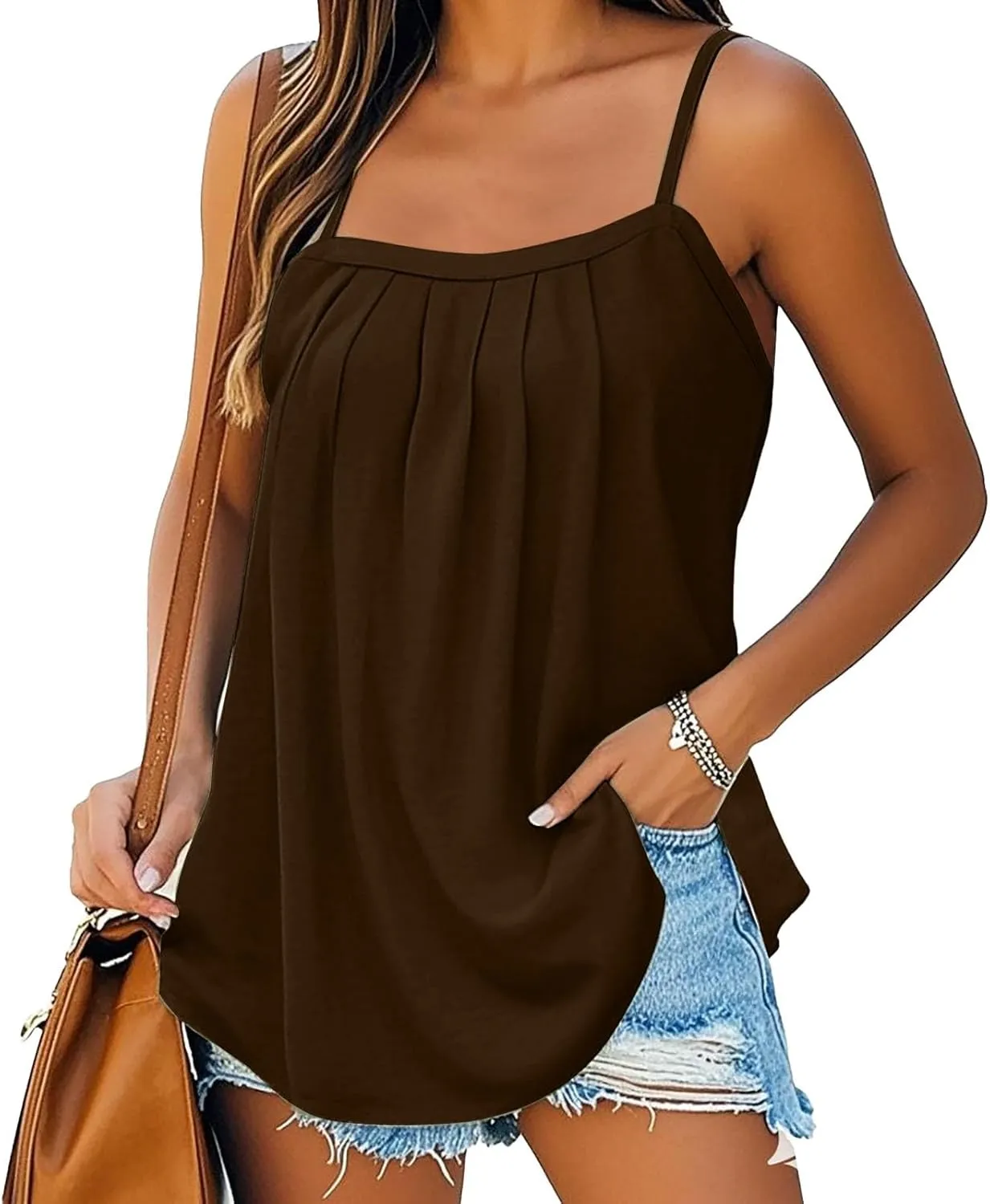 Spaghetti Strap Tank Top Women Sleeveless Camisole Tops Loose Fit Pleated Vest Casual Summer Beach Clothes