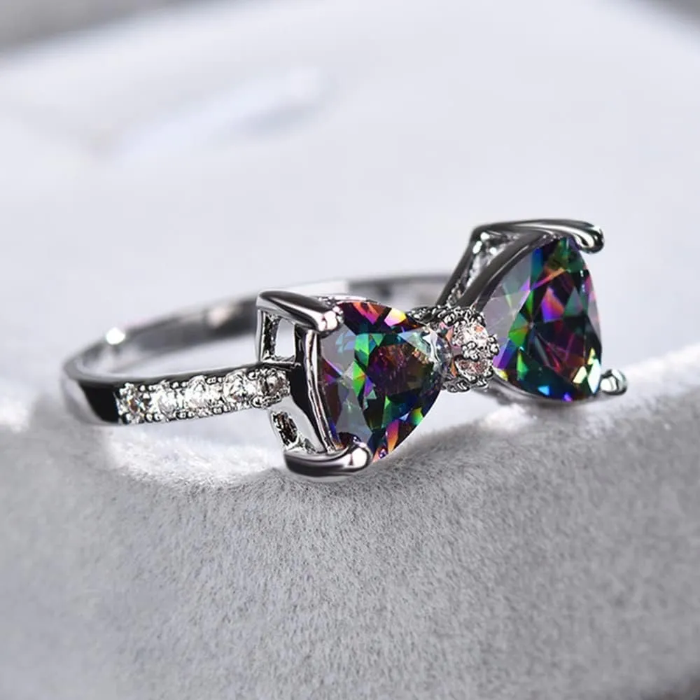 Sterling Silver Rainbow Cubic Zirconia Ring, Colorful Gemstone Bow Ring, Luxurious and Chic Index Finger Ring for Women Size 10
