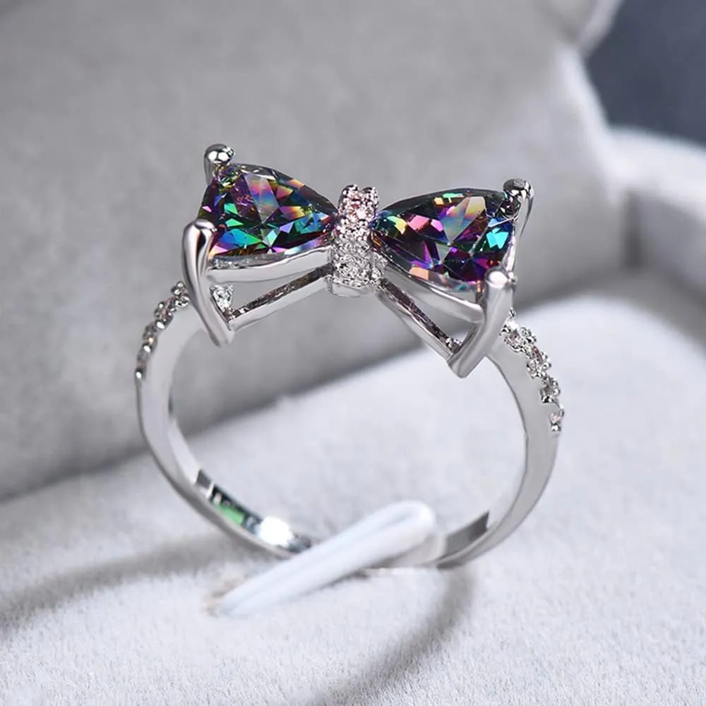Sterling Silver Rainbow Cubic Zirconia Ring, Colorful Gemstone Bow Ring, Luxurious and Chic Index Finger Ring for Women Size 10
