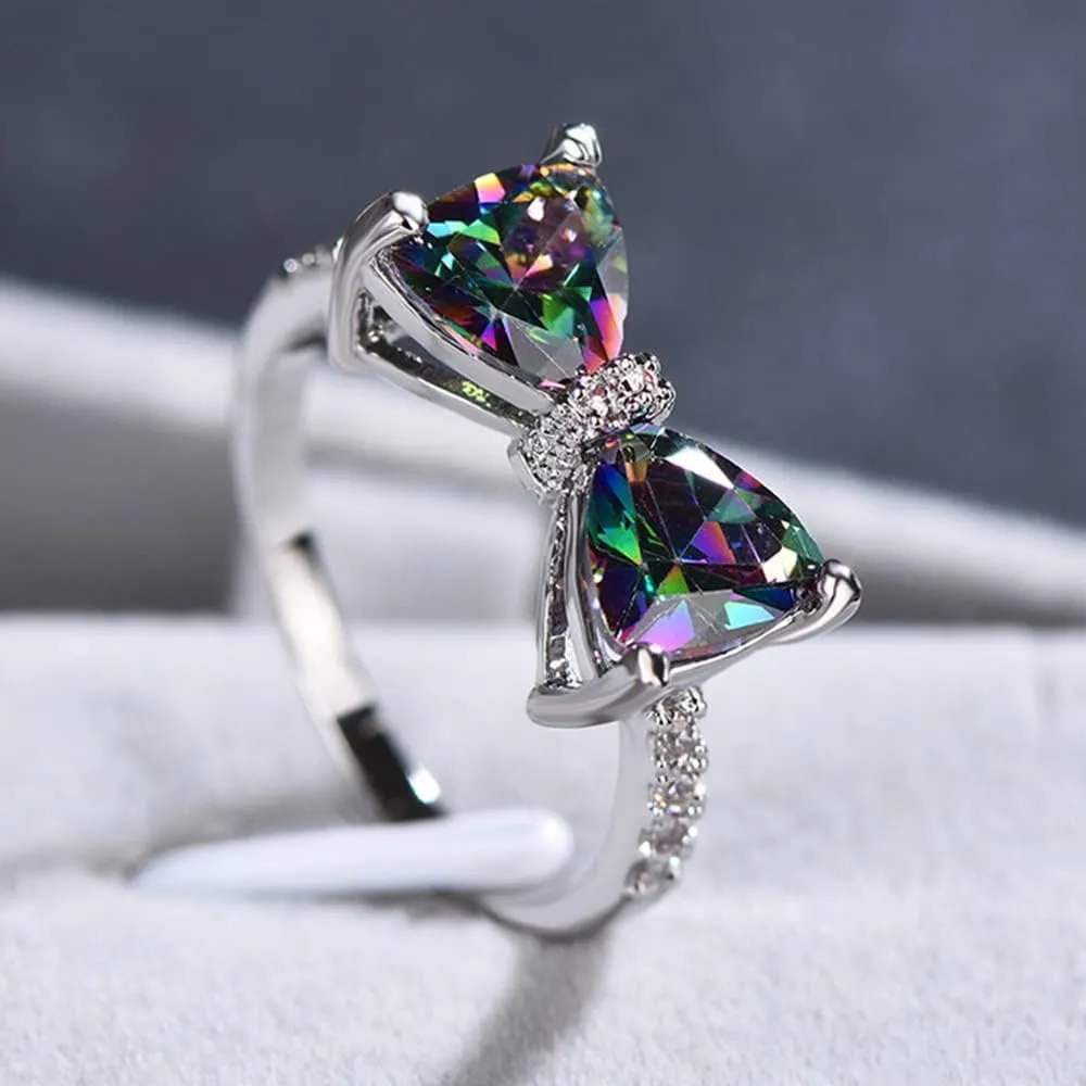 Sterling Silver Rainbow Cubic Zirconia Ring, Colorful Gemstone Bow Ring, Luxurious and Chic Index Finger Ring for Women Size 10