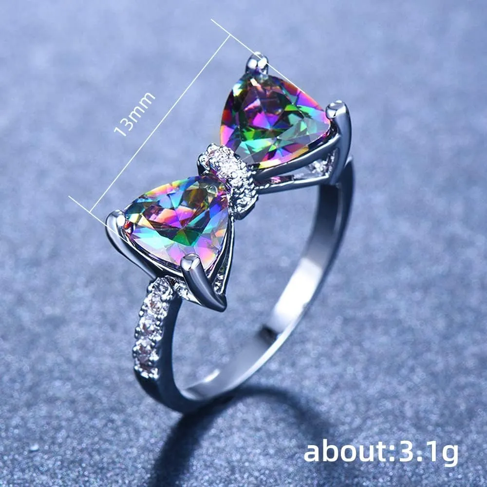 Sterling Silver Rainbow Cubic Zirconia Ring, Colorful Gemstone Bow Ring, Luxurious and Chic Index Finger Ring for Women Size 10
