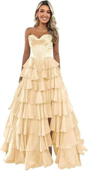 Strapless Satin Corset Prom Dresses for Women Tiered Chiffon Ball Gown A Line Formal Evening Gown with Slit