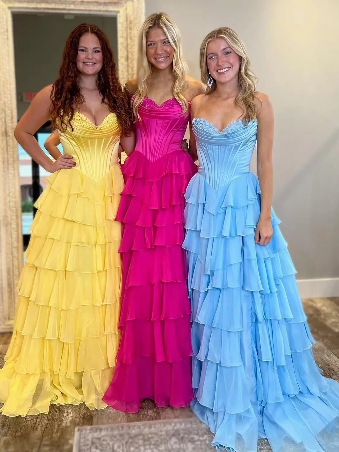 Strapless Satin Corset Prom Dresses for Women Tiered Chiffon Ball Gown A Line Formal Evening Gown with Slit