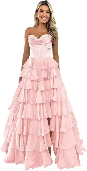 Strapless Satin Corset Prom Dresses for Women Tiered Chiffon Ball Gown A Line Formal Evening Gown with Slit