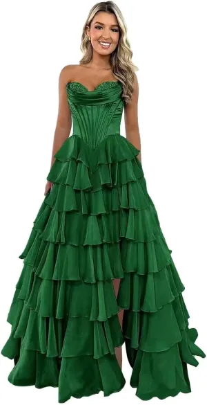 Strapless Satin Corset Prom Dresses for Women Tiered Chiffon Ball Gown A Line Formal Evening Gown with Slit
