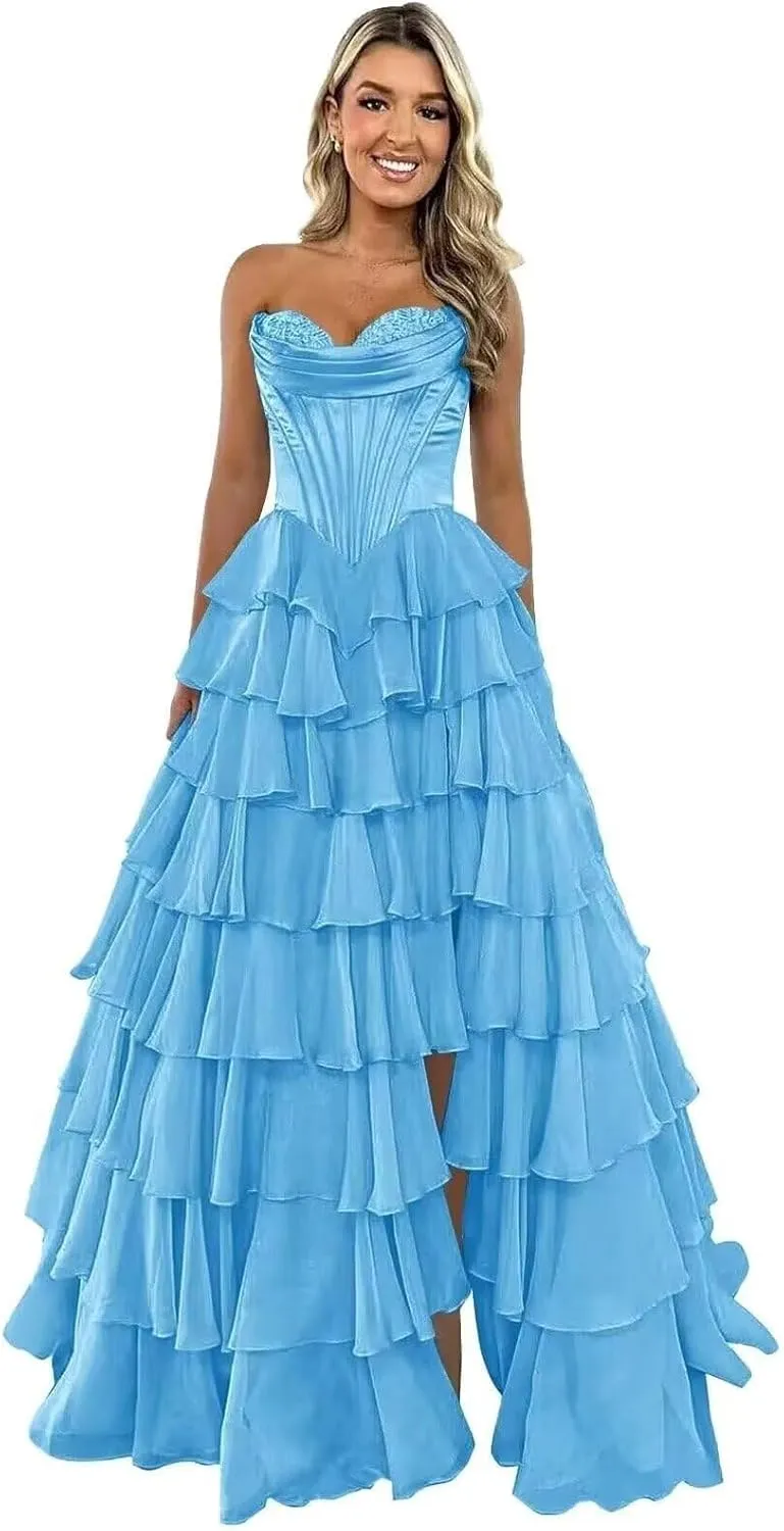 Strapless Satin Corset Prom Dresses for Women Tiered Chiffon Ball Gown A Line Formal Evening Gown with Slit