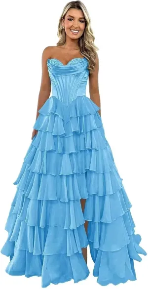 Strapless Satin Corset Prom Dresses for Women Tiered Chiffon Ball Gown A Line Formal Evening Gown with Slit