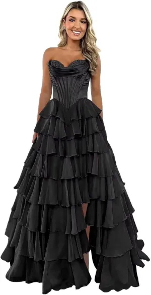 Strapless Satin Corset Prom Dresses for Women Tiered Chiffon Ball Gown A Line Formal Evening Gown with Slit