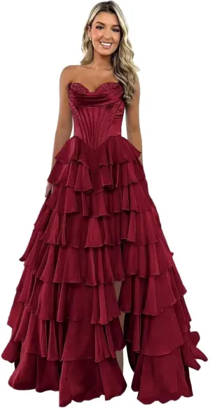 Strapless Satin Corset Prom Dresses for Women Tiered Chiffon Ball Gown A Line Formal Evening Gown with Slit