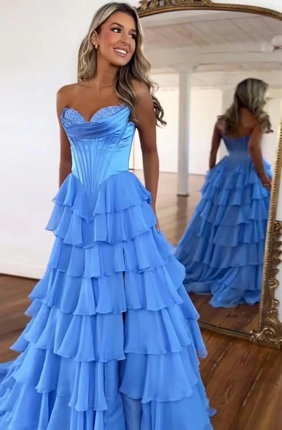 Strapless Satin Corset Prom Dresses for Women Tiered Chiffon Ball Gown A Line Formal Evening Gown with Slit