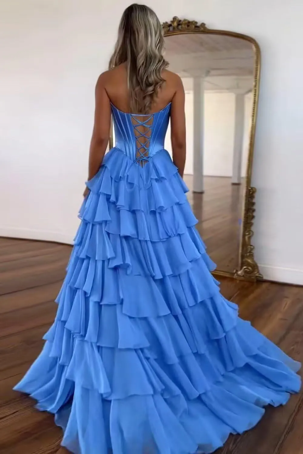 Strapless Satin Corset Prom Dresses for Women Tiered Chiffon Ball Gown A Line Formal Evening Gown with Slit