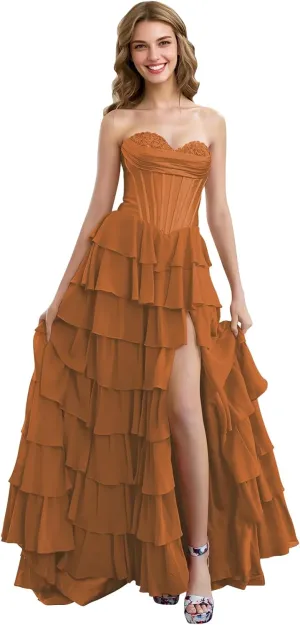 Strapless Tiered Prom Dresses with Slit Chiffon Ruffle Long Formal Evening Ball Gowns for Women