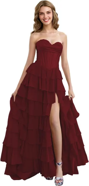 Strapless Tiered Prom Dresses with Slit Chiffon Ruffle Long Formal Evening Ball Gowns for Women
