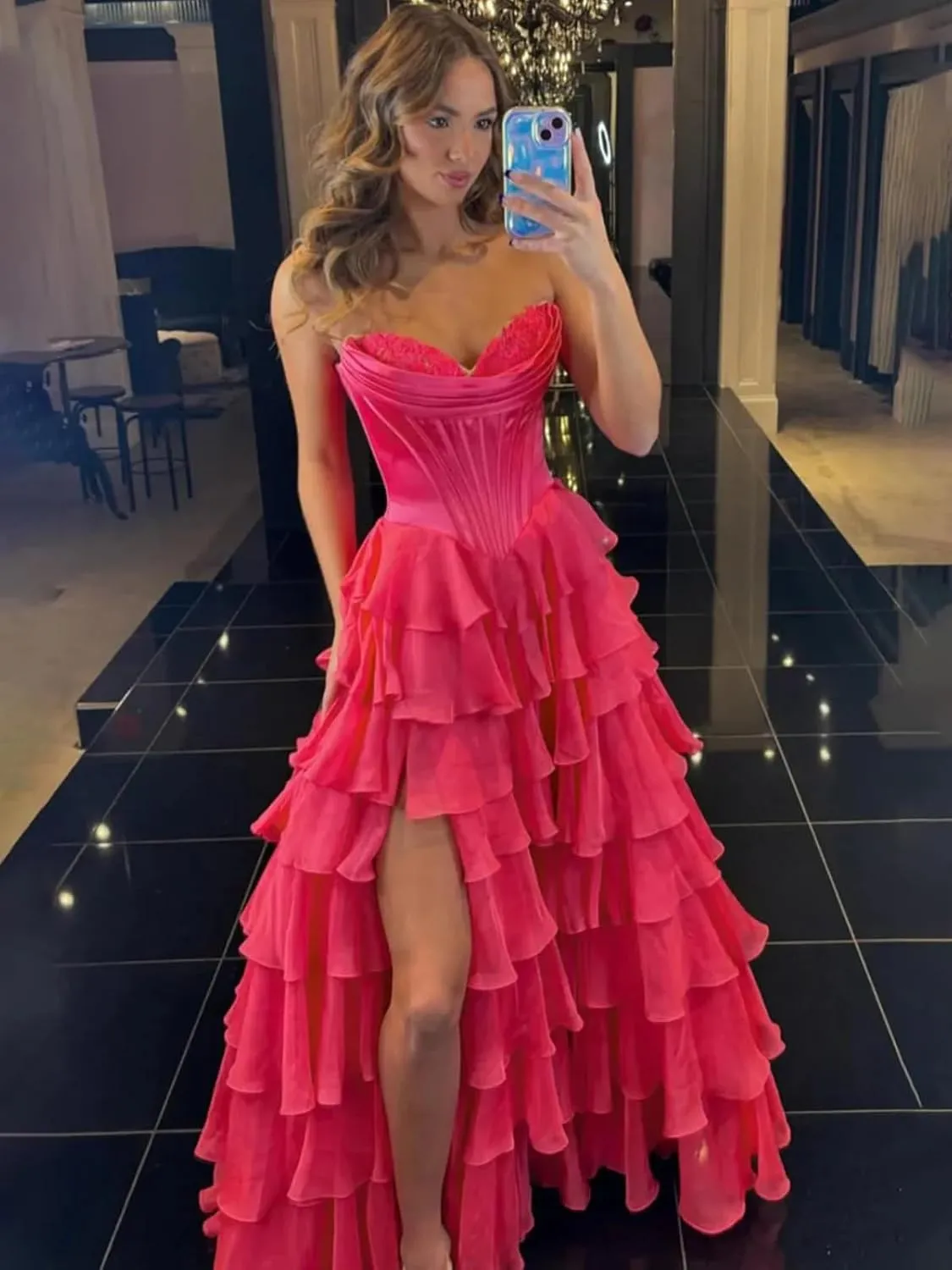 Strapless Tiered Prom Dresses with Slit Chiffon Ruffle Long Formal Evening Ball Gowns for Women