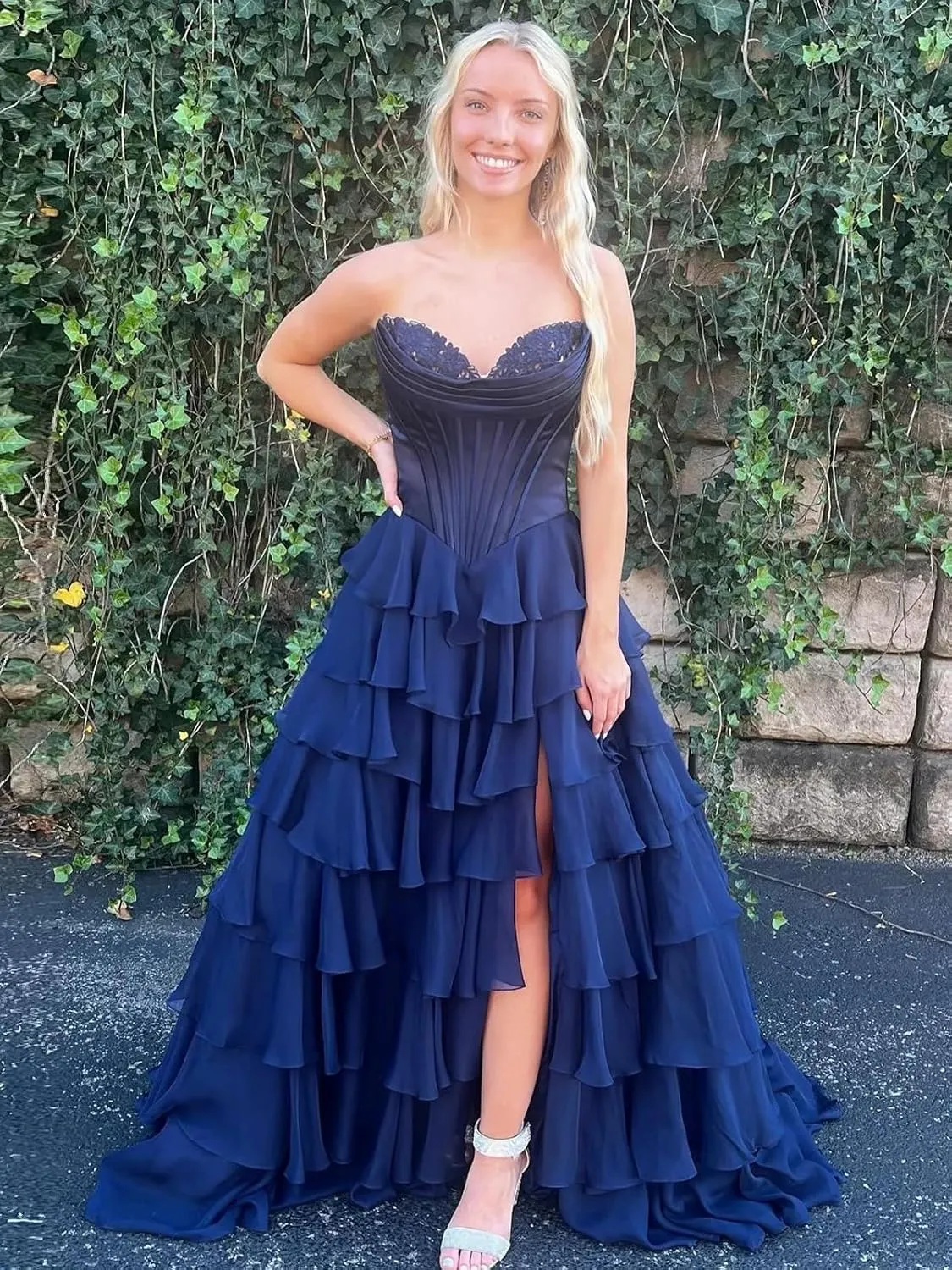 Strapless Tiered Prom Dresses with Slit Chiffon Ruffle Long Formal Evening Ball Gowns for Women