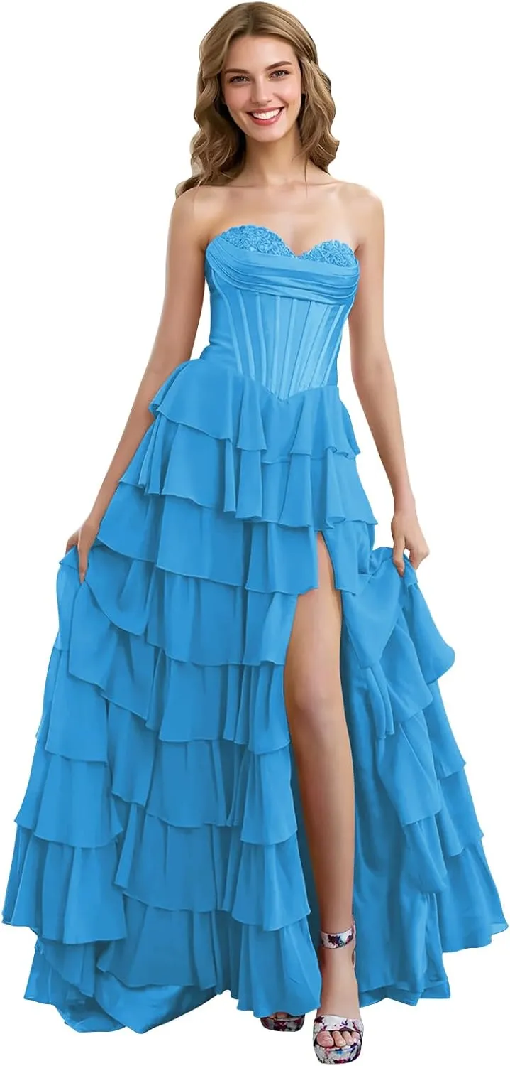 Strapless Tiered Prom Dresses with Slit Chiffon Ruffle Long Formal Evening Ball Gowns for Women