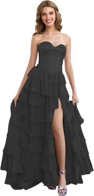 Strapless Tiered Prom Dresses with Slit Chiffon Ruffle Long Formal Evening Ball Gowns for Women