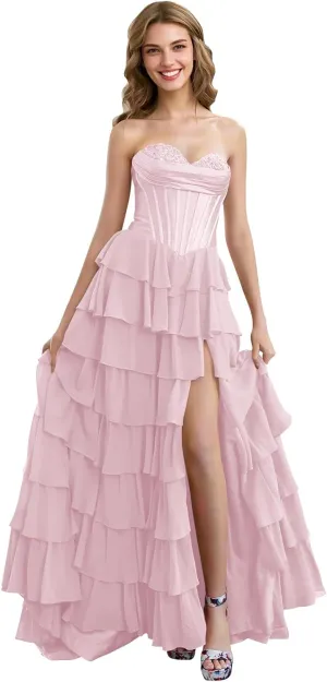 Strapless Tiered Prom Dresses with Slit Chiffon Ruffle Long Formal Evening Ball Gowns for Women