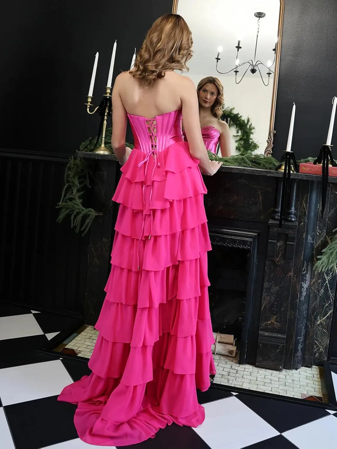 Strapless Tiered Prom Dresses with Slit Chiffon Ruffle Long Formal Evening Ball Gowns for Women