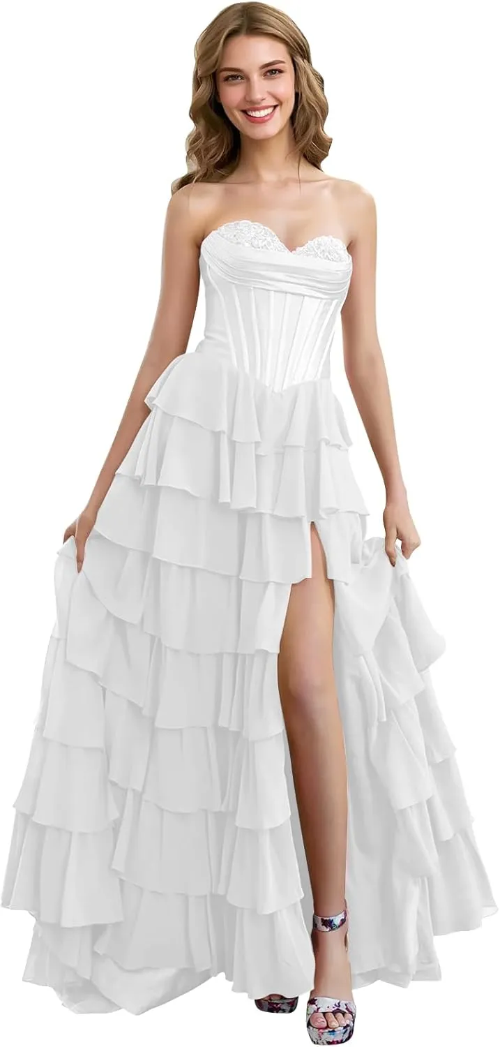 Strapless Tiered Prom Dresses with Slit Chiffon Ruffle Long Formal Evening Ball Gowns for Women