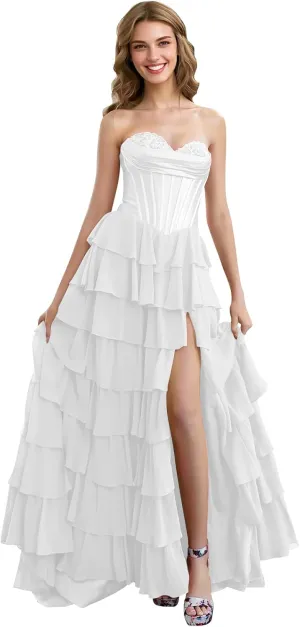 Strapless Tiered Prom Dresses with Slit Chiffon Ruffle Long Formal Evening Ball Gowns for Women