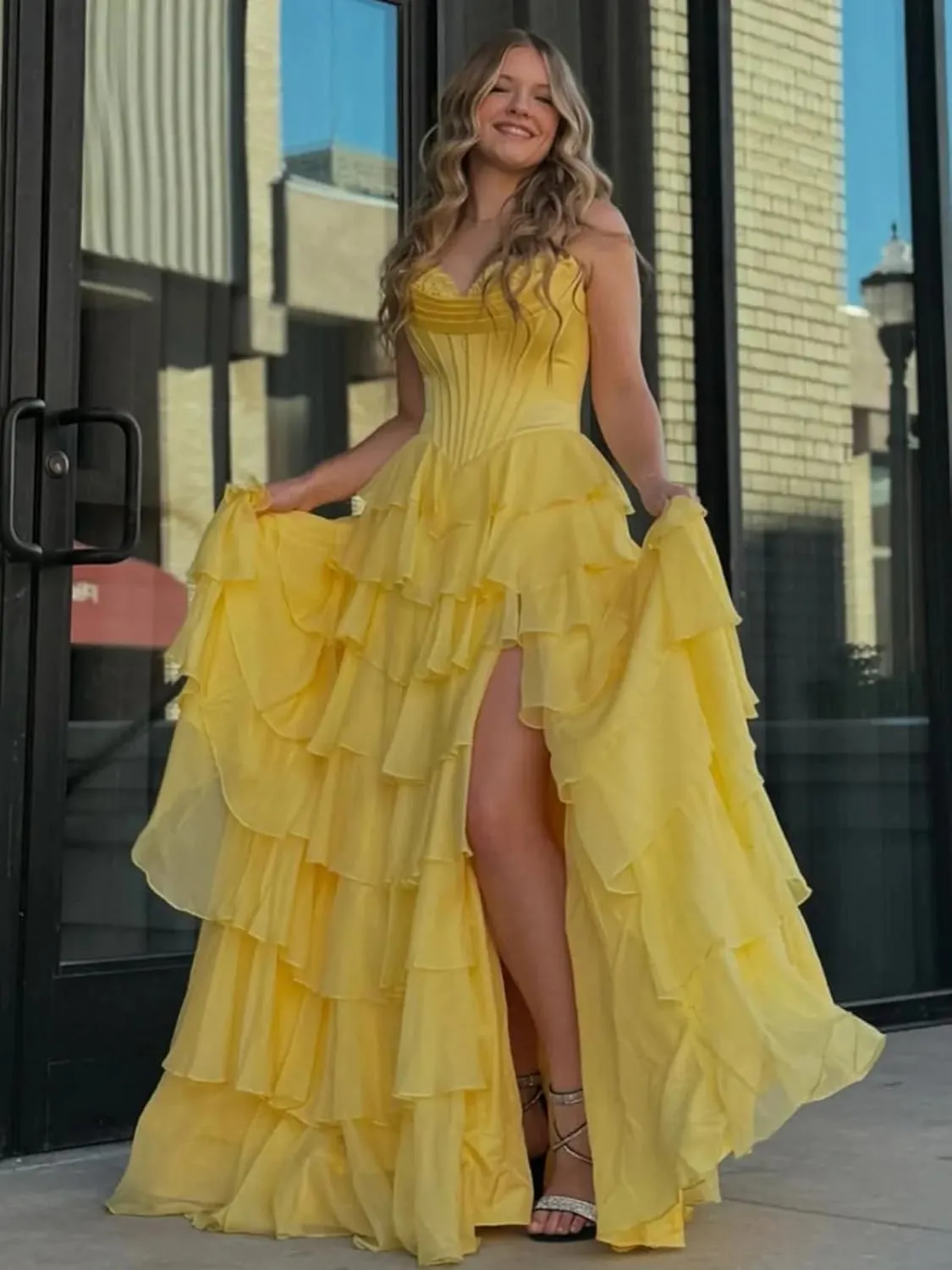 Strapless Tiered Prom Dresses with Slit Chiffon Ruffle Long Formal Evening Ball Gowns for Women