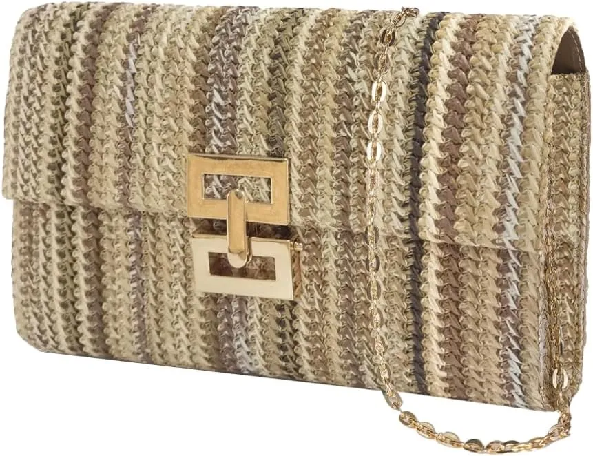 Straw Clutch Purse for Women Chic Color Blocked Evening Handbag Summer Beach Shoulder Bag Travel Party Chain Purse