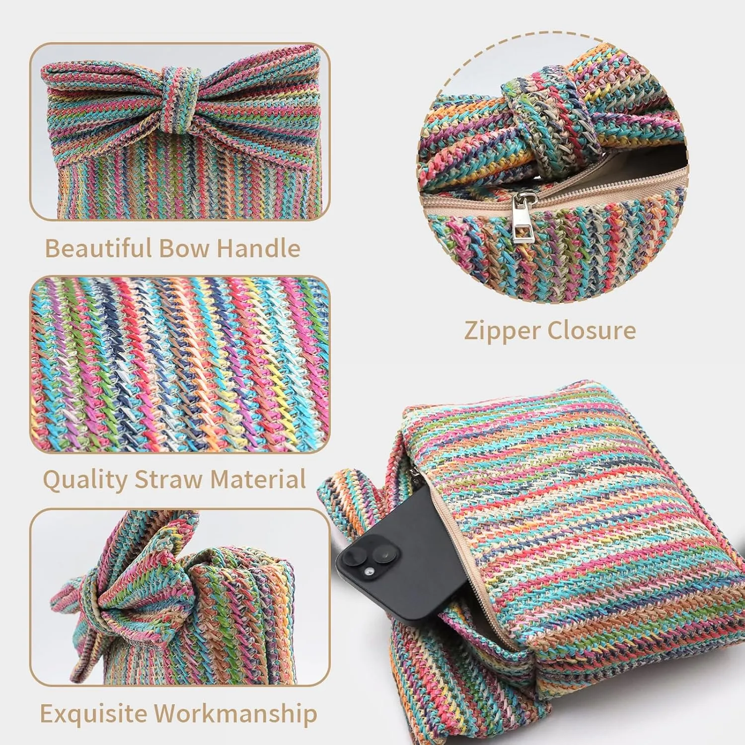 Straw Clutch Purse with Bow  Woven Raffia Handbag for Women  Summer Wedding Beach Bag
