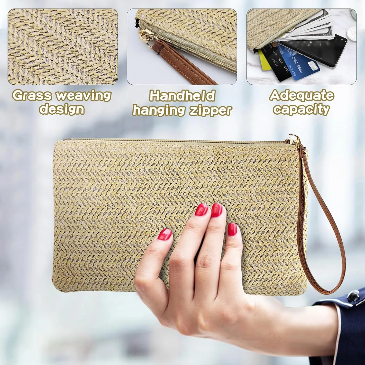 Straw Clutch Purse with Handle, Straw Handbag Clutch Purses for Women, Bohemian Wristlet Purse Summer Straw Purse
