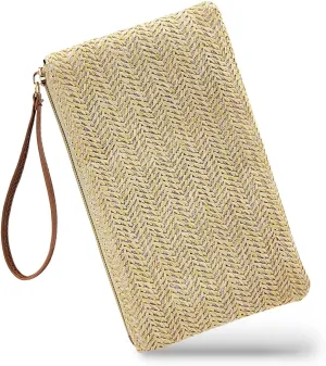 Straw Clutch Purse with Handle, Straw Handbag Clutch Purses for Women, Bohemian Wristlet Purse Summer Straw Purse
