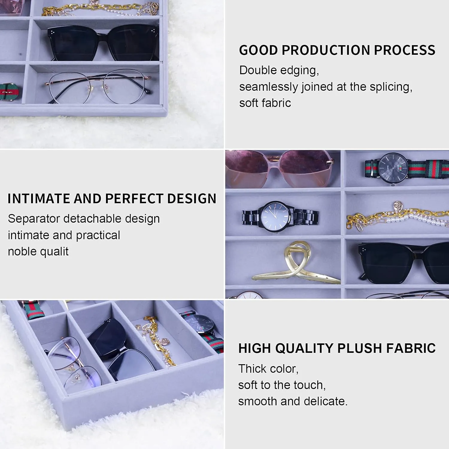 STYLIFING Sunglasses Organizer Tray, 8 Grids Eyeglasses Watch Holder Display Storage Case for Women Men - Gray