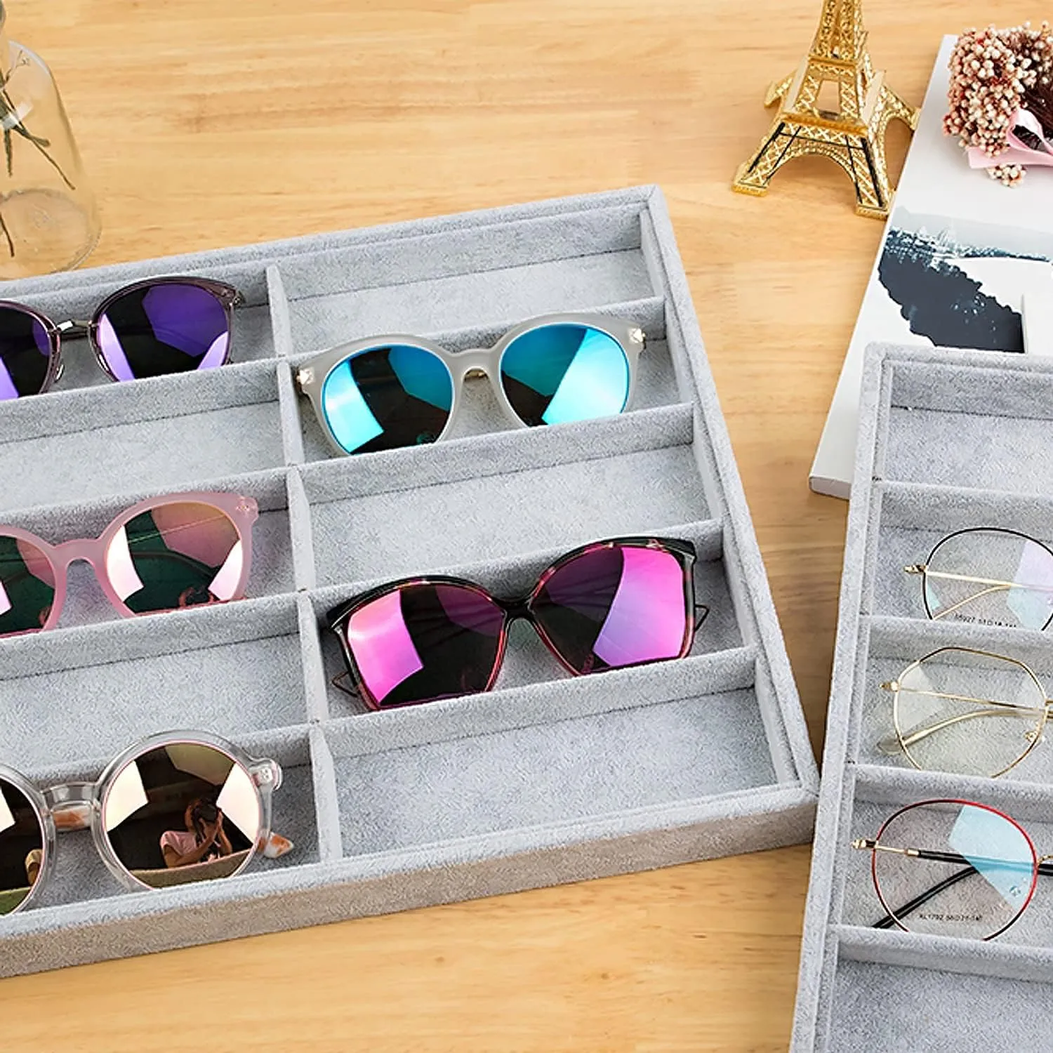 STYLIFING Sunglasses Organizer Tray, 8 Grids Eyeglasses Watch Holder Display Storage Case for Women Men - Gray