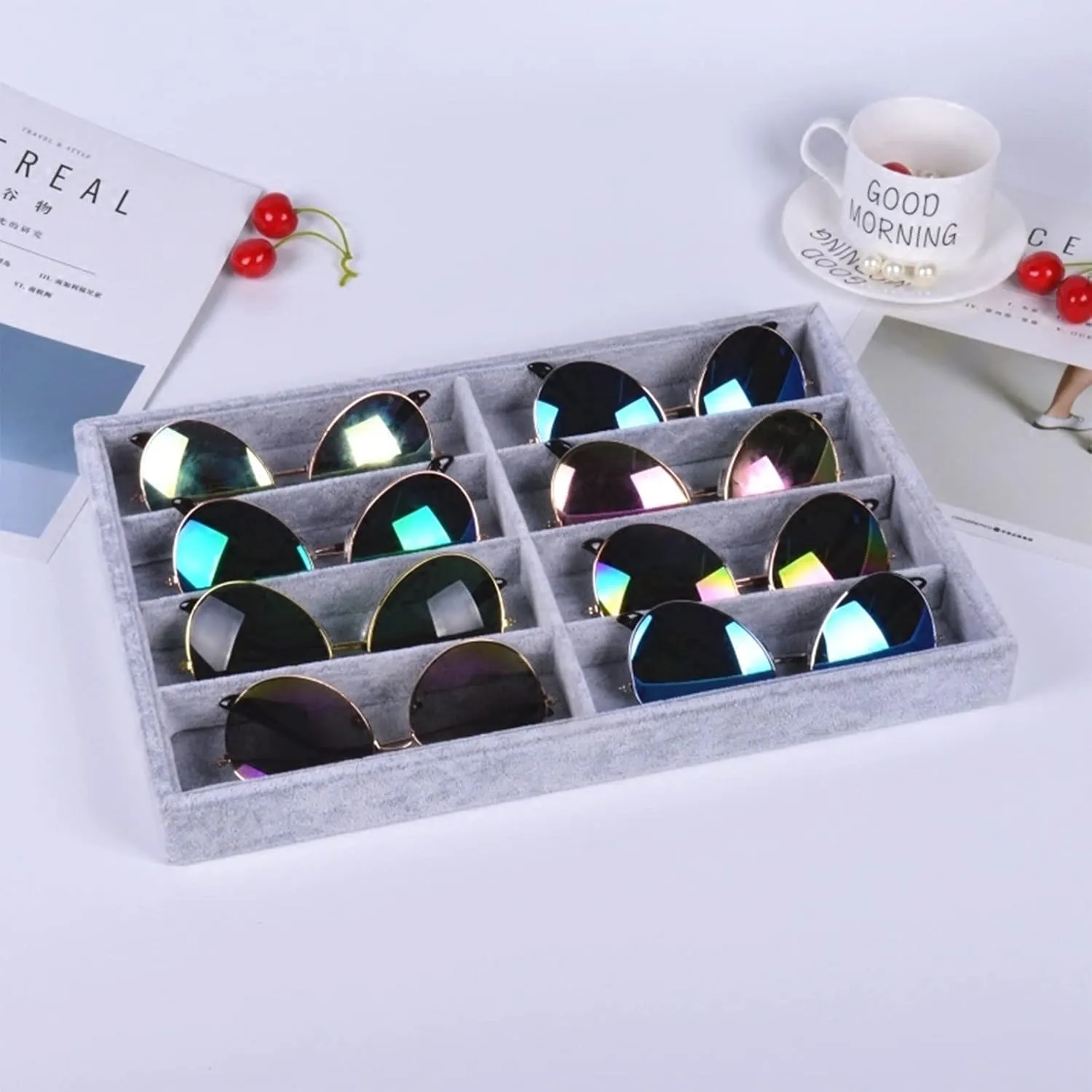 STYLIFING Sunglasses Organizer Tray, 8 Grids Eyeglasses Watch Holder Display Storage Case for Women Men - Gray