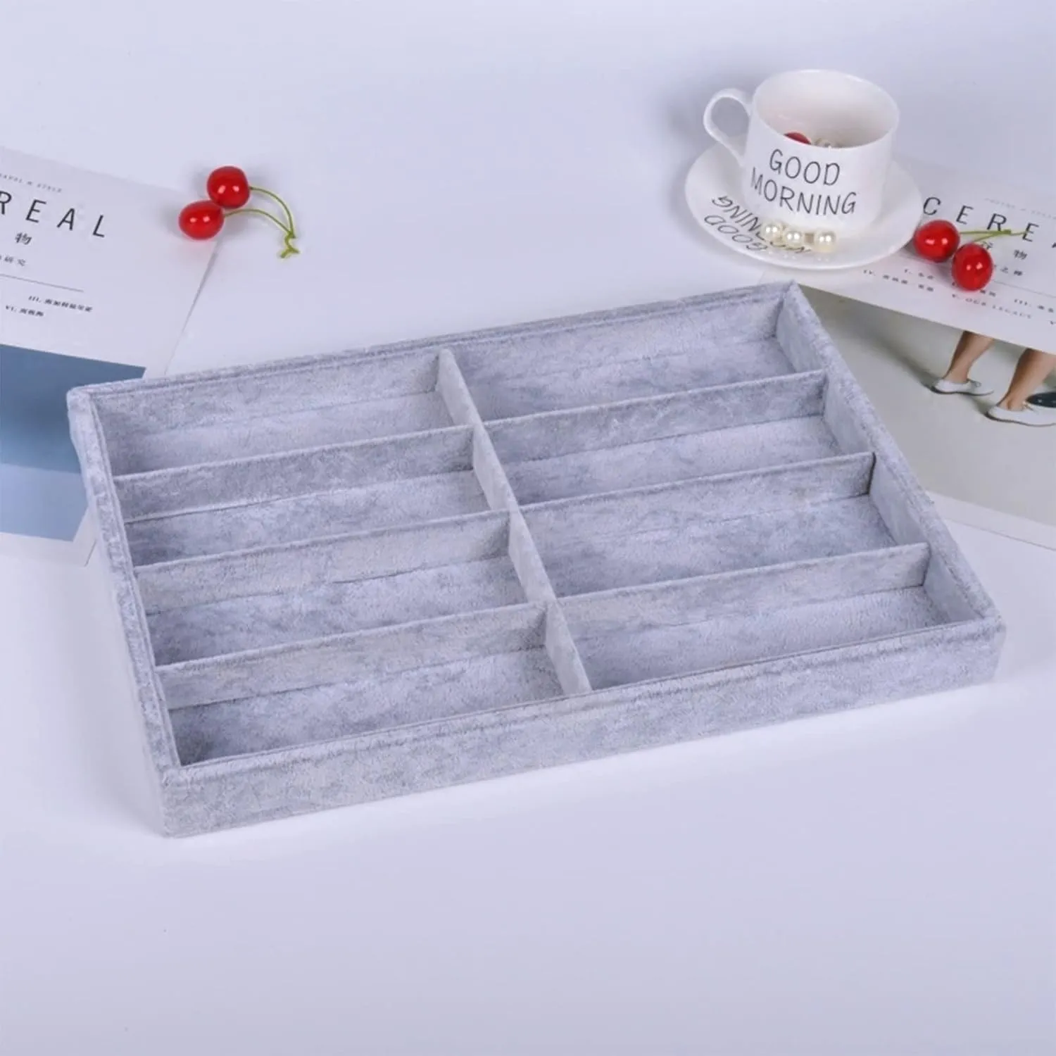 STYLIFING Sunglasses Organizer Tray, 8 Grids Eyeglasses Watch Holder Display Storage Case for Women Men - Gray