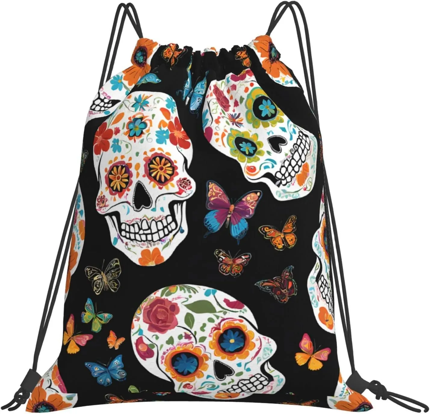 (Sugar Skulls) Drawstring Backpack Drawstring Gym Bag Foldable Water Drawstring Bags Draw String Back Bag For Shopping Sport Yoga Travel, Swimming, Beach, White