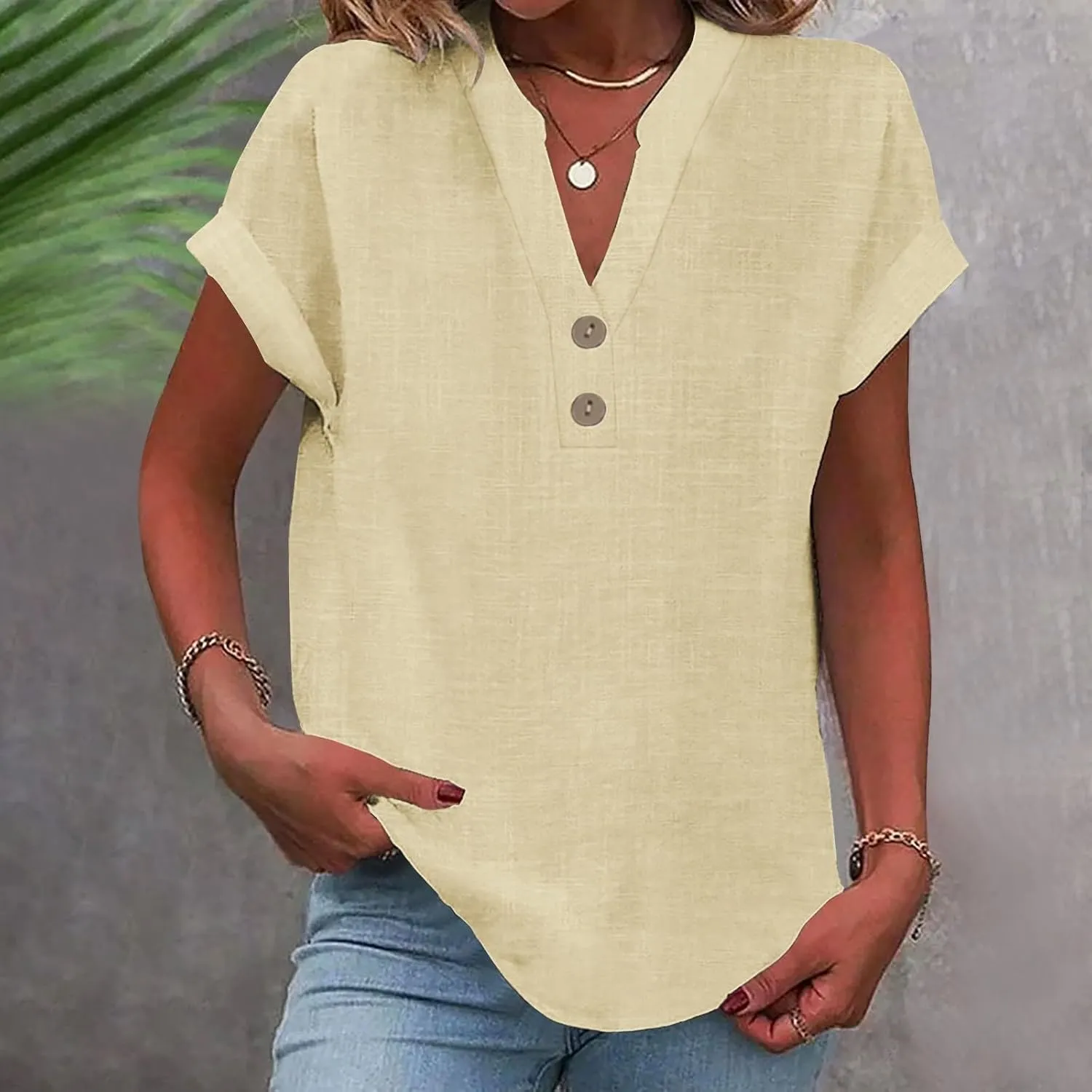 Summer Cotton Linen Shirts for Women 2025 Button Down Short Sleeve V Neck Shirts Solid Color Comfy Blouses Tunic Tops
