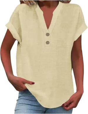 Summer Cotton Linen Shirts for Women 2025 Button Down Short Sleeve V Neck Shirts Solid Color Comfy Blouses Tunic Tops