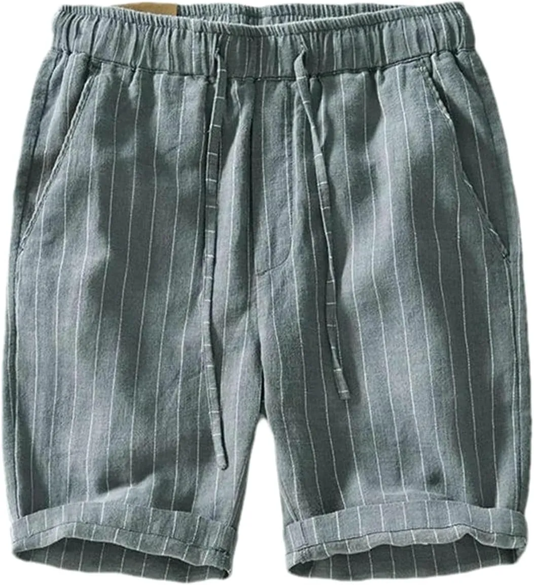 Summer Cotton Linen Shorts Men Casual Breathable Comfortable Striped Drawstring Man Holiday Beach Thin Shorts
