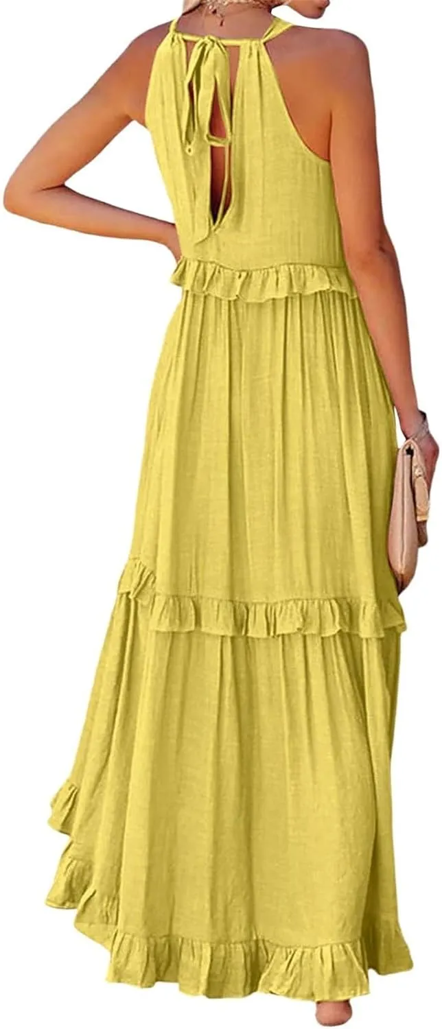 Summer Dresses for Women 2024 Halter Tie Back Ruffle Tiered Flowy Swing Dress Sleeveless Party Maxi Dress Sundress