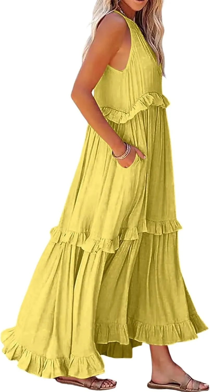 Summer Dresses for Women 2024 Halter Tie Back Ruffle Tiered Flowy Swing Dress Sleeveless Party Maxi Dress Sundress