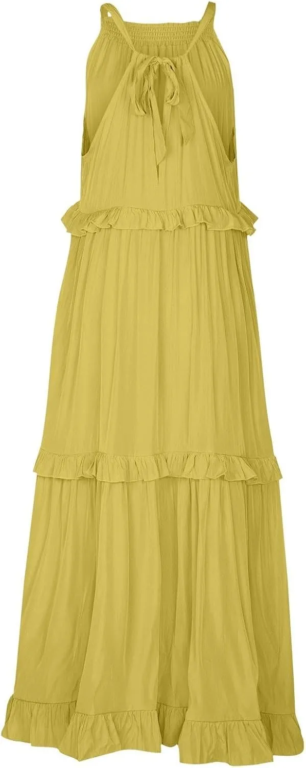 Summer Dresses for Women 2024 Halter Tie Back Ruffle Tiered Flowy Swing Dress Sleeveless Party Maxi Dress Sundress